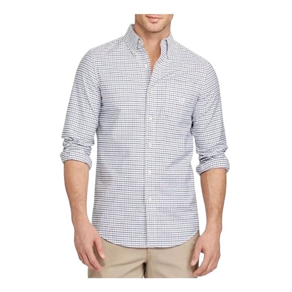 Chaps Stretch Oxford Button-Down Shirt In Navy And White Checkered Classic Fit - Picture 1 of 12